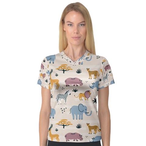 Wild Animals Seamless Pattern V-neck Sport Mesh Tee by Vaneshart