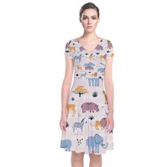 Wild Animals Seamless Pattern Short Sleeve Front Wrap Dress