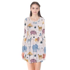 Wild Animals Seamless Pattern Long Sleeve V-neck Flare Dress by Vaneshart