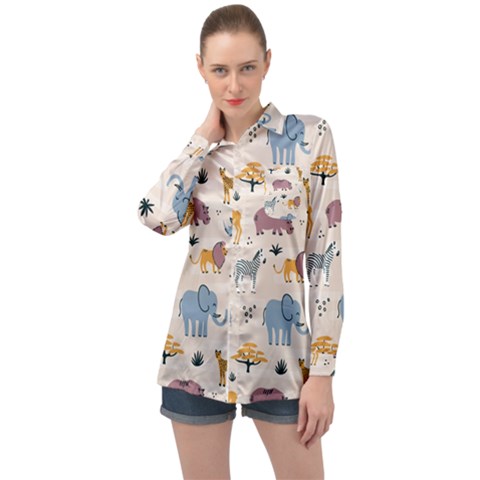 Wild Animals Seamless Pattern Long Sleeve Satin Shirt by Vaneshart