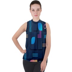 Gradient Geometric Shapes Dark Background Mock Neck Chiffon Sleeveless Top by Vaneshart