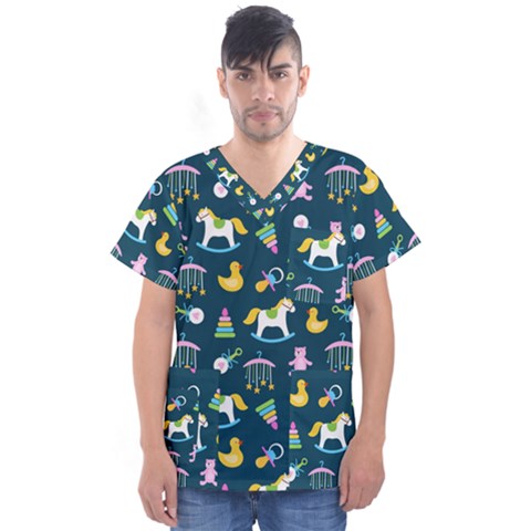 Cute Babies Toys Seamless Pattern Men s V-neck Scrub Top by Vaneshart