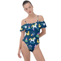 Cute Babies Toys Seamless Pattern Frill Detail One Piece Swimsuit