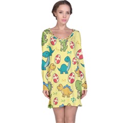 Seamless Pattern With Cute Dinosaurs Character Long Sleeve Nightdress by Vaneshart