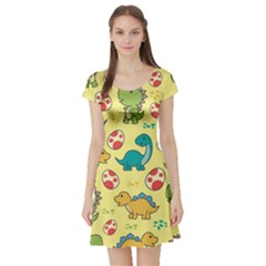 Seamless Pattern With Cute Dinosaurs Character Short Sleeve Skater Dress by Vaneshart