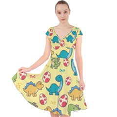 Seamless Pattern With Cute Dinosaurs Character Cap Sleeve Front Wrap Midi Dress by Vaneshart