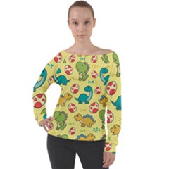 Seamless Pattern With Cute Dinosaurs Character Off Shoulder Long Sleeve Velour Top