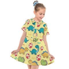 Seamless Pattern With Cute Dinosaurs Character Kids  Short Sleeve Shirt Dress by Vaneshart