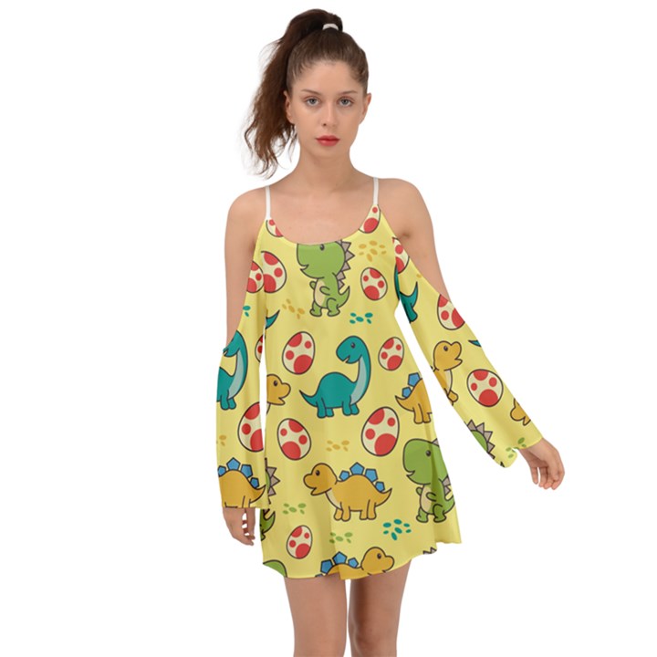 Seamless pattern with cute dinosaurs character Kimono Sleeves Boho Dress