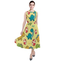 Seamless Pattern With Cute Dinosaurs Character Round Neck Boho Dress by Vaneshart