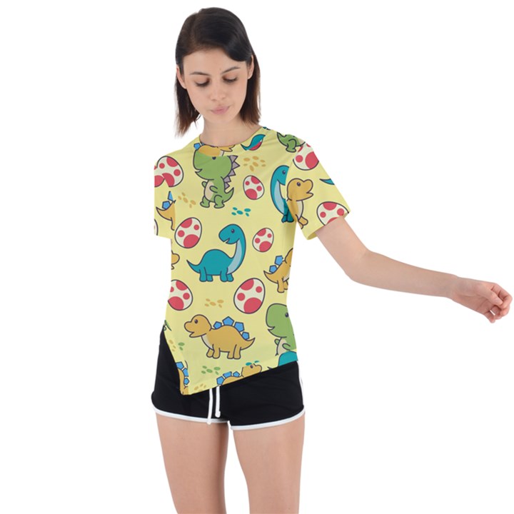 Seamless pattern with cute dinosaurs character Asymmetrical Short Sleeve Sports Tee