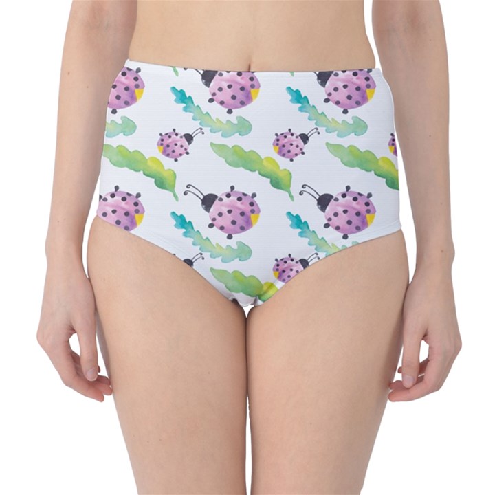 Watercolor pattern with lady bug Classic High-Waist Bikini Bottoms