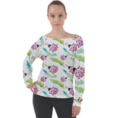 Watercolor Pattern With Lady Bug Off Shoulder Long Sleeve Velour Top