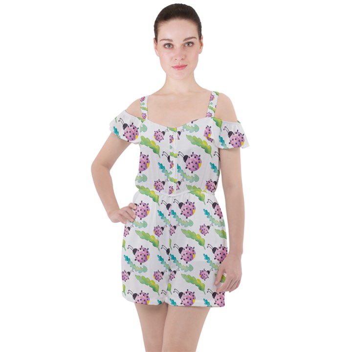 Watercolor pattern with lady bug Ruffle Cut Out Chiffon Playsuit