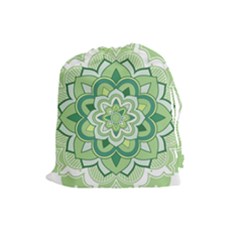 Floral-green-mandala-white Drawstring Pouch (large) by Vaneshart