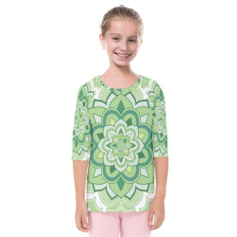 Floral-green-mandala-white Kids  Quarter Sleeve Raglan Tee by Vaneshart