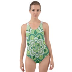 Floral-green-mandala-white Cut-out Back One Piece Swimsuit by Vaneshart