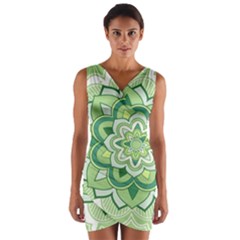 Floral-green-mandala-white Wrap Front Bodycon Dress by Vaneshart