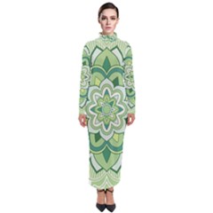 Floral-green-mandala-white Turtleneck Maxi Dress by Vaneshart