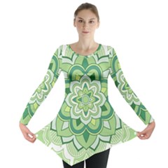 Floral-green-mandala-white Long Sleeve Tunic  by Vaneshart