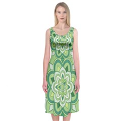 Floral-green-mandala-white Midi Sleeveless Dress by Vaneshart