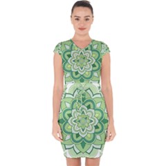 Floral-green-mandala-white Capsleeve Drawstring Dress  by Vaneshart