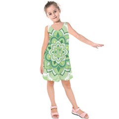 Floral-green-mandala-white Kids  Sleeveless Dress by Vaneshart