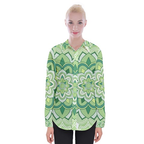 Floral-green-mandala-white Womens Long Sleeve Shirt by Vaneshart