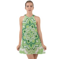 Floral-green-mandala-white Halter Tie Back Chiffon Dress by Vaneshart