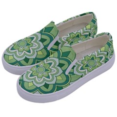 Floral-green-mandala-white Kids  Canvas Slip Ons by Vaneshart