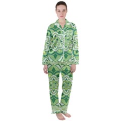 Floral-green-mandala-white Satin Long Sleeve Pyjamas Set by Vaneshart