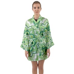 Floral-green-mandala-white Long Sleeve Satin Kimono