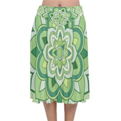 Floral-green-mandala-white Velvet Flared Midi Skirt by Vaneshart