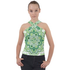 Floral-green-mandala-white Cross Neck Velour Top by Vaneshart