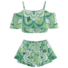 Floral-green-mandala-white Kids  Off Shoulder Skirt Bikini by Vaneshart