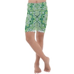 Floral-green-mandala-white Kids  Lightweight Velour Cropped Yoga Leggings by Vaneshart