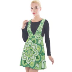 Floral-green-mandala-white Plunge Pinafore Velour Dress by Vaneshart