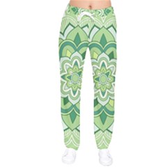 Floral-green-mandala-white Women Velvet Drawstring Pants