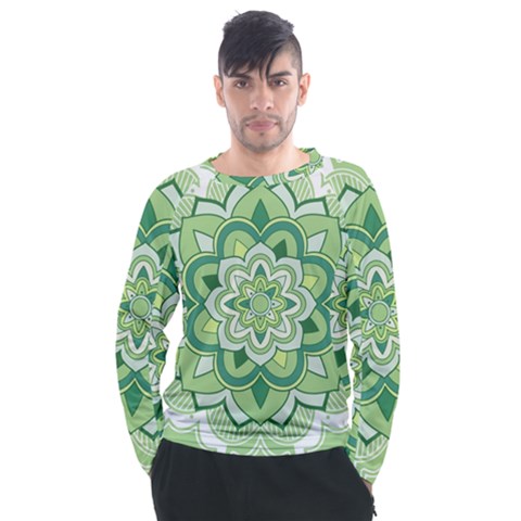 Floral-green-mandala-white Men s Long Sleeve Raglan Tee by Vaneshart