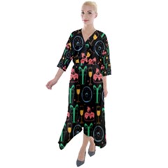 Hand-drawn-happy-birthday-pattern-background Quarter Sleeve Wrap Front Maxi Dress