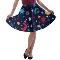 Colorful-background-moons-stars A-line Skater Skirt by Vaneshart