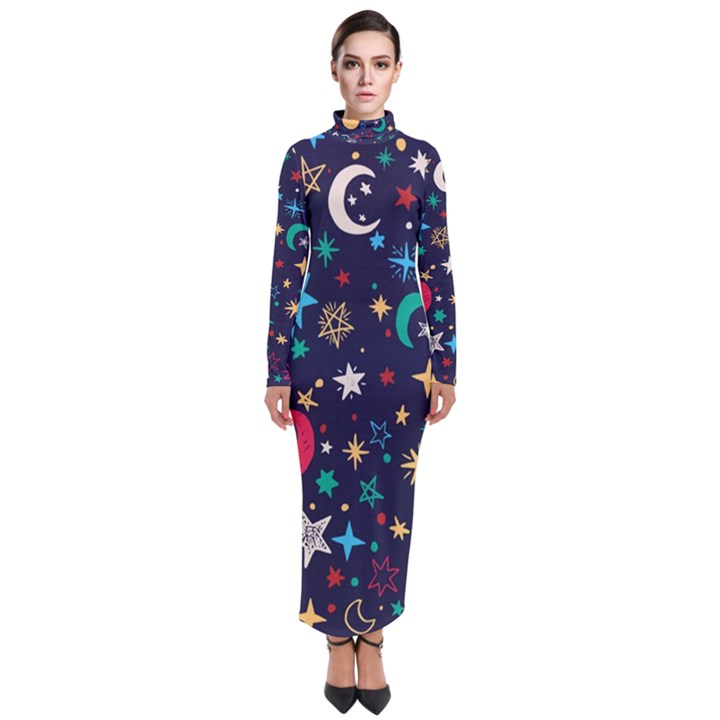 Colorful-background-moons-stars Turtleneck Maxi Dress