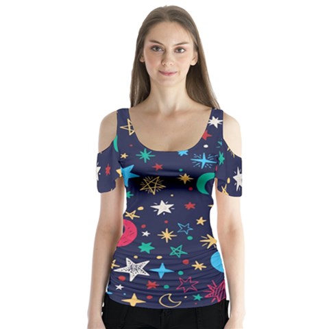 Colorful-background-moons-stars Butterfly Sleeve Cutout Tee  by Vaneshart