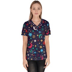 Colorful-background-moons-stars Women s V-neck Scrub Top by Vaneshart