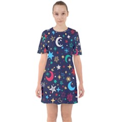 Colorful-background-moons-stars Sixties Short Sleeve Mini Dress by Vaneshart