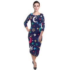 Colorful-background-moons-stars Quarter Sleeve Midi Velour Bodycon Dress by Vaneshart