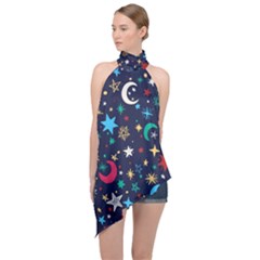 Colorful-background-moons-stars Halter Asymmetric Satin Top by Vaneshart