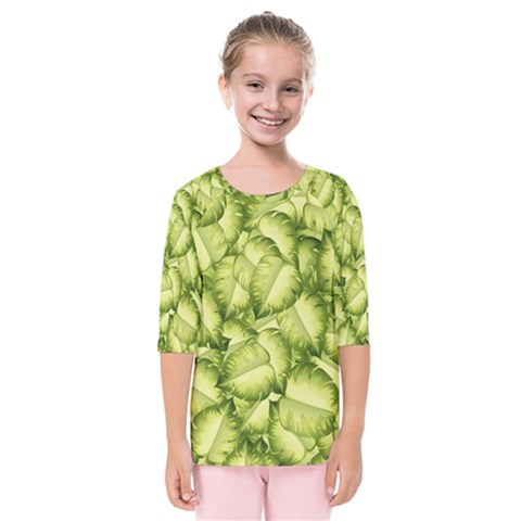 Seamless Pattern With Green Leaves Kids  Quarter Sleeve Raglan Tee by Vaneshart