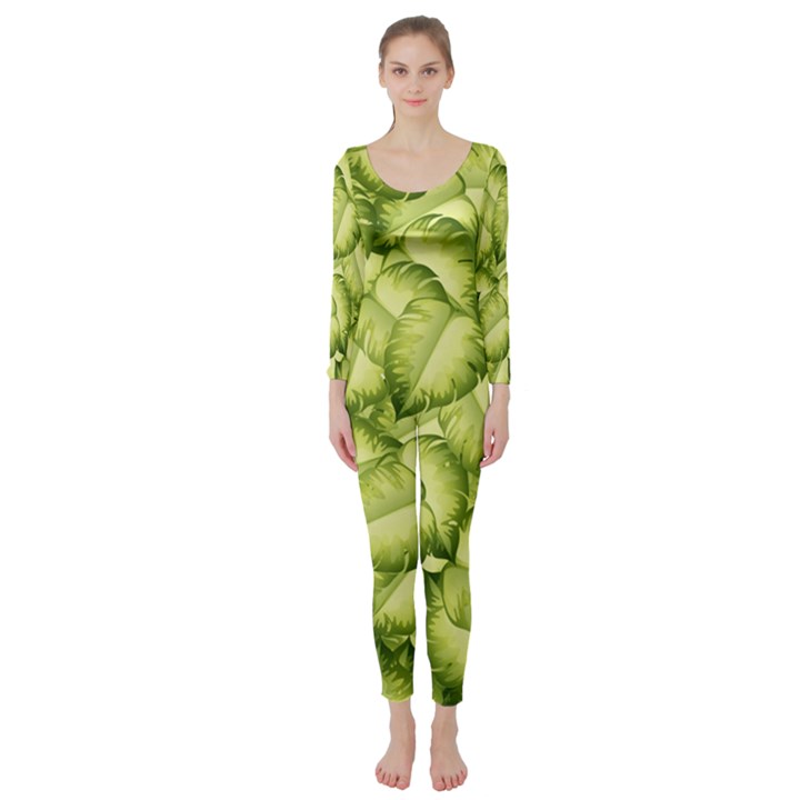 Seamless pattern with green leaves Long Sleeve Catsuit