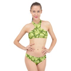 Seamless Pattern With Green Leaves High Neck Bikini Set by Vaneshart